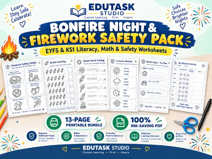 Bonfire Night & Firework Safety Activity Pack | EYFS & KS1 Literacy, Math & History Worksheets