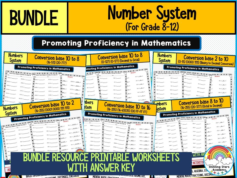 NUMBER SYSTEM Worksheets BUNDLE for GRADES 8–12 | Base Conversion, Binary, Octal, Decimal & Hexadecimal Practice