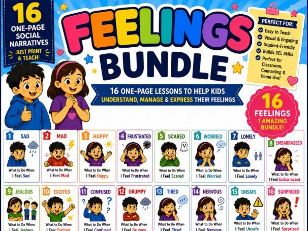 16 Feelings Social Narratives | One-Page SEL Lessons | Emotional Regulation Activities