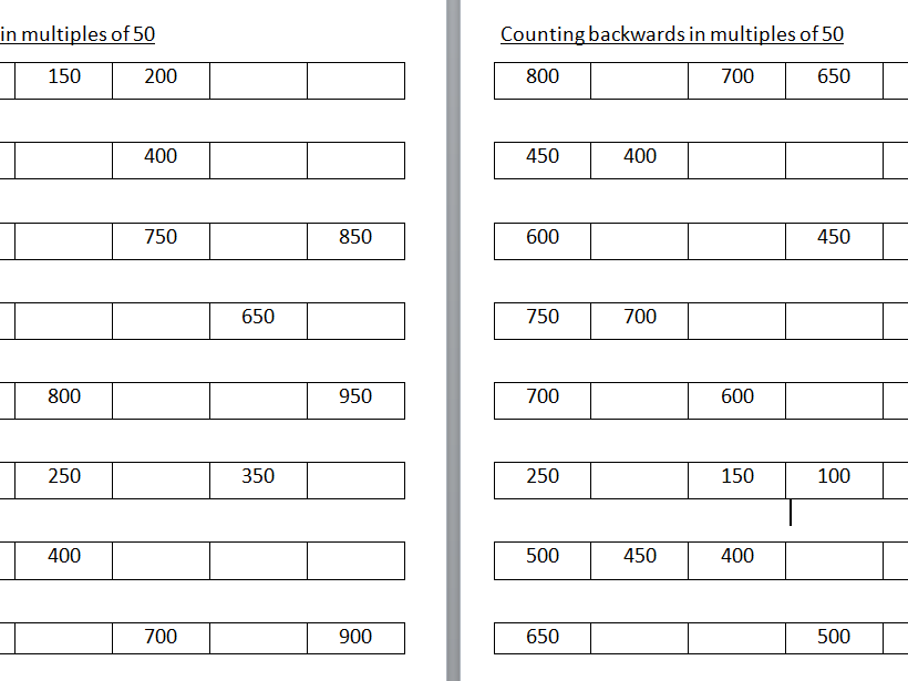 Counting in 50's forwards and backwards year 3 worksheet