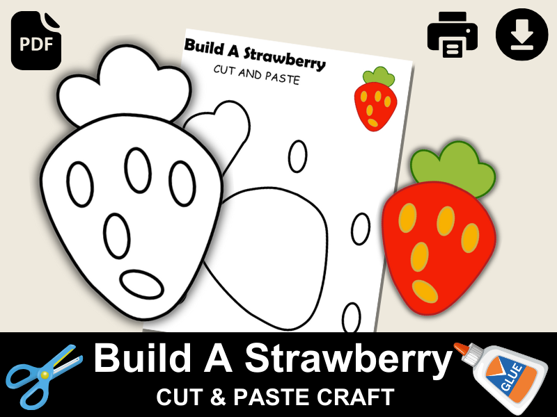 Strawberry Craft Template | Fruit Activity for Kids | Cut & Glue Worksheet | Coloring Page | PDF Pri