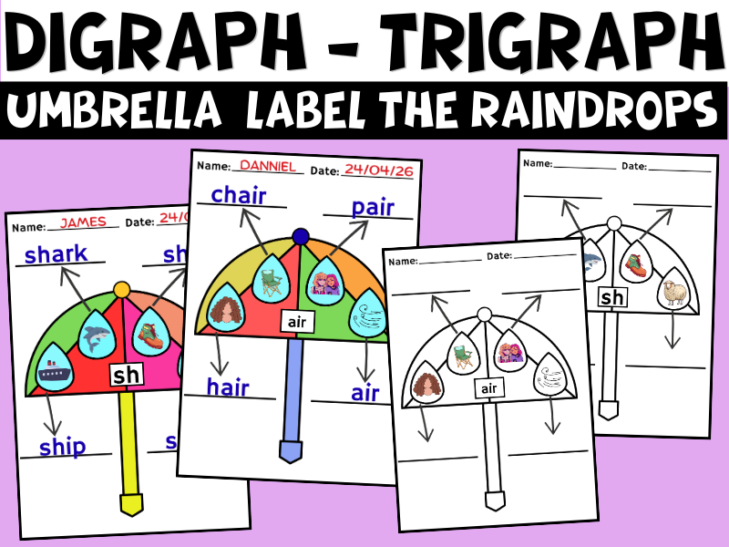 Digraph & Trigraph Umbrella Craft | Label the Raindrops Phonics Activity Worksheets