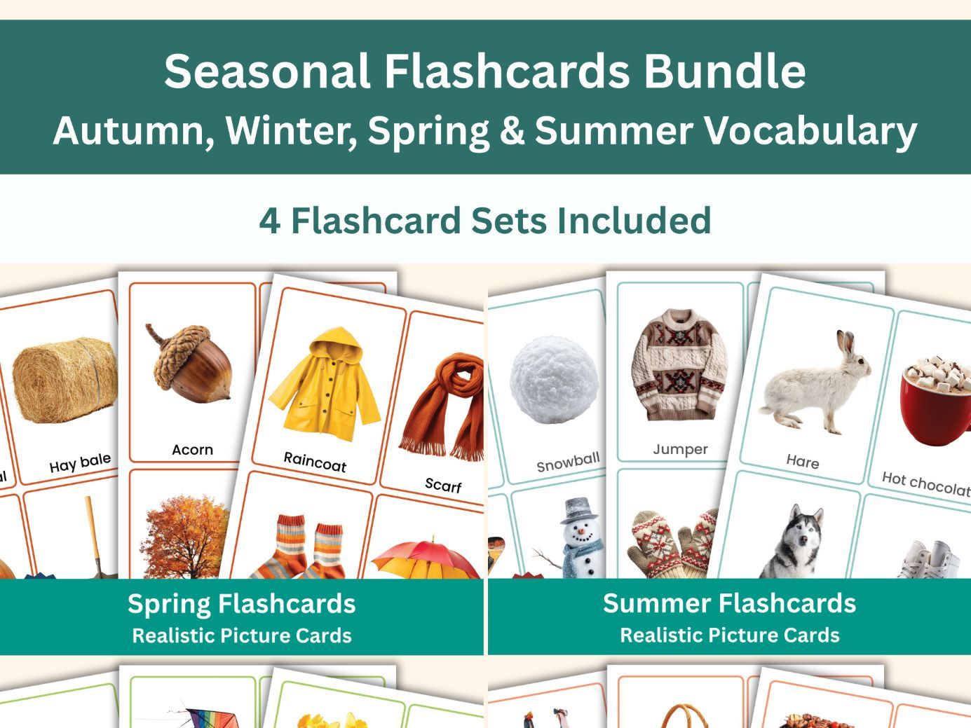 Seasonal Flashcards Bundle | Autumn, Winter, Spring & Summer Vocabulary, ESL